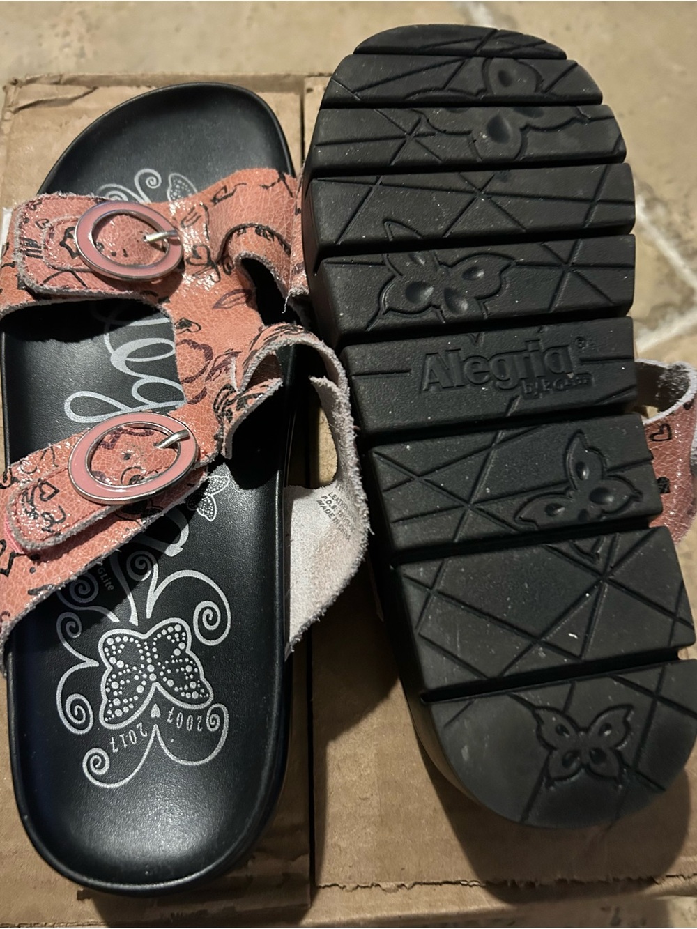 Alegria Coral Pink Floral Double-Buckle Sandals - Picture 2 of 3